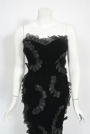 1984 Givenchy Haute Couture Silk Petal Applique Velvet Hourglass Gown