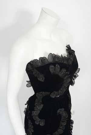 1984 Givenchy Haute Couture Silk Petal Applique Velvet Hourglass Gown