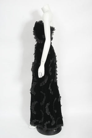 1984 Givenchy Haute Couture Silk Petal Applique Velvet Hourglass Gown