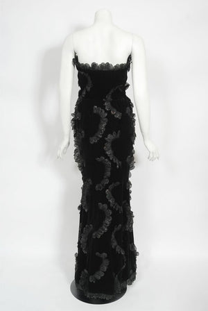 1984 Givenchy Haute Couture Silk Petal Applique Velvet Hourglass Gown