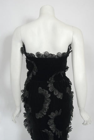 1984 Givenchy Haute Couture Silk Petal Applique Velvet Hourglass Gown