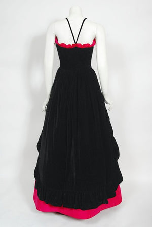1982 Chanel Haute Couture Black Velvet and Shocking Pink Silk Halter Gown