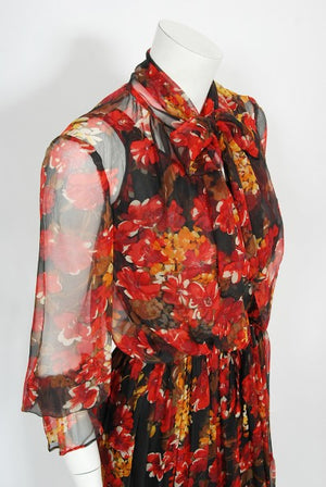 1970's Léron Creation Sunset Floral Sheer Silk Chiffon Maxi Dress & Tie-Neck Jacket