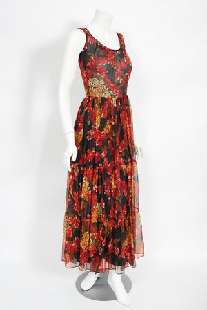1970's Léron Creation Sunset Floral Sheer Silk Chiffon Maxi Dress & Tie-Neck Jacket