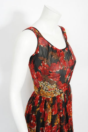 1970's Léron Creation Sunset Floral Sheer Silk Chiffon Maxi Dress & Tie-Neck Jacket