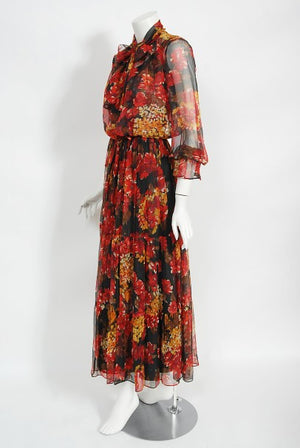 1970's Sunset Floral Sheer Silk Chiffon Maxi Dress & Tie-Neck Jacket