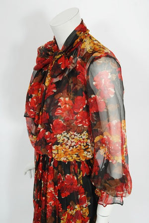 1970's Léron Creation Sunset Floral Sheer Silk Chiffon Maxi Dress & Tie-Neck Jacket