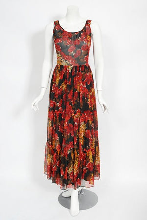 1970's Léron Creation Sunset Floral Sheer Silk Chiffon Maxi Dress & Tie-Neck Jacket