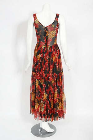 1970's Sunset Floral Sheer Silk Chiffon Maxi Dress & Tie-Neck Jacket