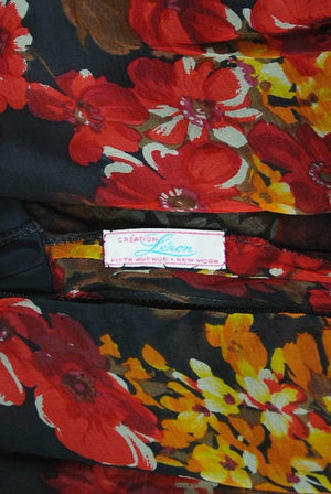 1970's Léron Creation Sunset Floral Sheer Silk Chiffon Maxi Dress & Tie-Neck Jacket