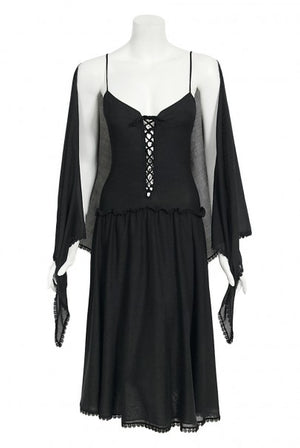 1977 Sant Angelo Documented Black Jersey Lace-Up Bodysuit Dress & Shawl
