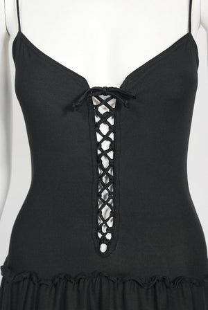 1977 Sant Angelo Documented Black Jersey Lace-Up Bodysuit Dress & Shawl