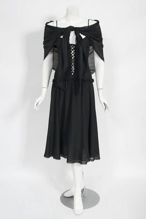 1977 Sant Angelo Documented Black Jersey Lace-Up Bodysuit Dress & Shawl