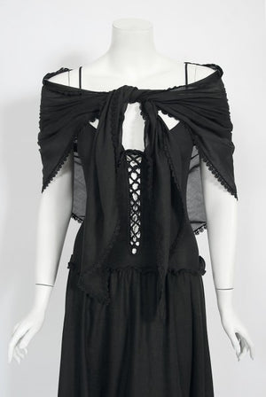 1977 Sant Angelo Documented Black Jersey Lace-Up Bodysuit Dress & Shawl