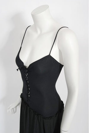 1977 Sant Angelo Documented Black Jersey Lace-Up Bodysuit Dress & Shawl