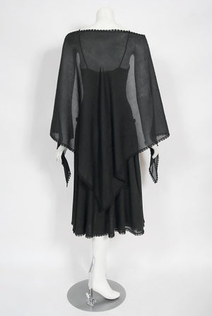 1977 Sant Angelo Documented Black Jersey Lace-Up Bodysuit Dress & Shawl