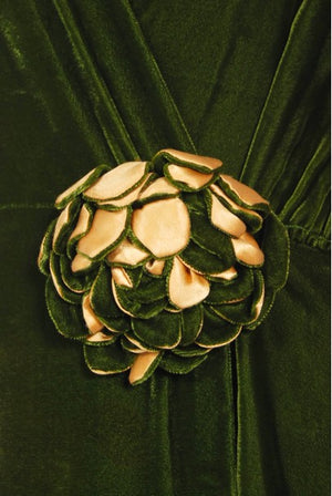 1930's Princess Obolensky Olive Green Velvet Winged-Sleeve Dressing Gown