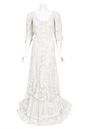 1908 Edwardian Couture White Irish Crochet Lace & Sheer Net Bridal Gown