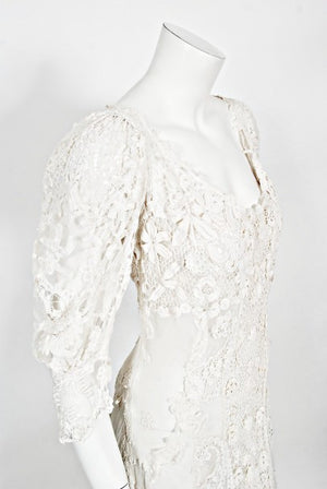 1908 Edwardian Couture White Irish Crochet Lace & Sheer Net Bridal Gown