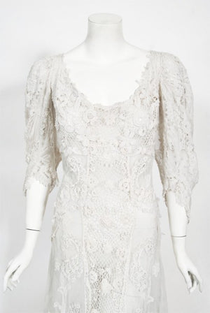 1908 Edwardian Couture White Irish Crochet Lace & Sheer Net Bridal Gown