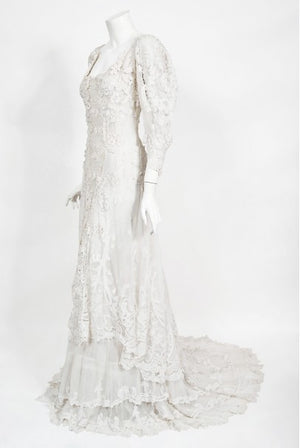 1908 Edwardian Couture White Irish Crochet Lace & Sheer Net Bridal Gown