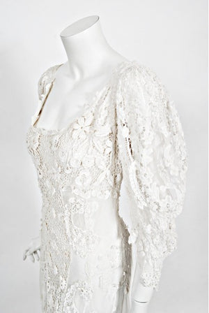 1908 Edwardian Couture White Irish Crochet Lace & Sheer Net Bridal Gown