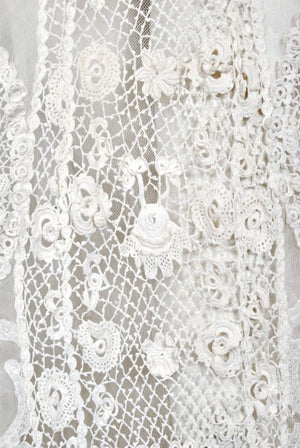 1908 Edwardian Couture White Irish Crochet Lace & Sheer Net Bridal Gown