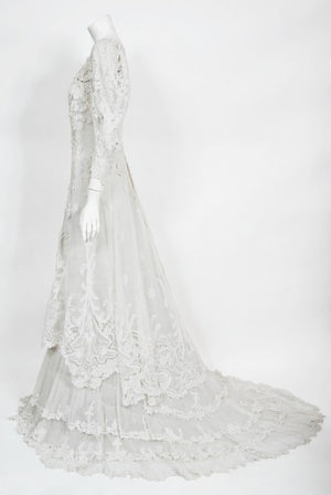 1908 Edwardian Couture White Irish Crochet Lace & Sheer Net Bridal Gown