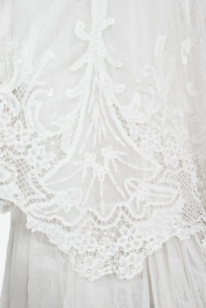 1908 Edwardian Couture White Irish Crochet Lace & Sheer Net Bridal Gown