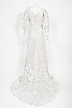 1908 Edwardian Couture White Irish Crochet Lace & Sheer Net Bridal Gown
