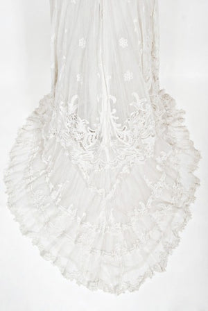 1908 Edwardian Couture White Irish Crochet Lace & Sheer Net Bridal Gown