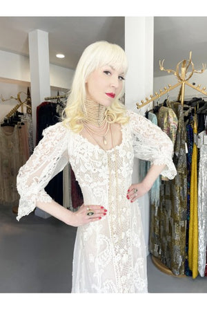 1908 Edwardian Couture White Irish Crochet Lace & Sheer Net Bridal Gown