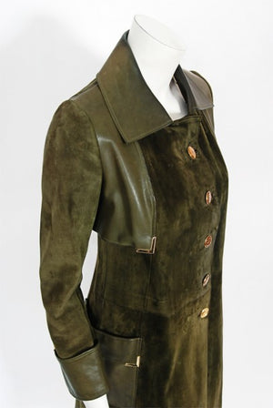 1970's Gucci Olive-Green Leather Suede Logo Enamel Trench Coat Jacket