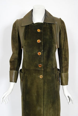1970's Gucci Olive-Green Leather Suede Logo Enamel Trench Coat Jacket