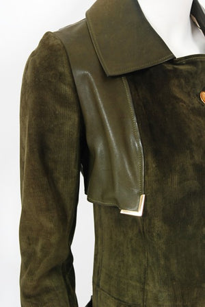 1970's Gucci Olive-Green Leather Suede Logo Enamel Trench Coat Jacket