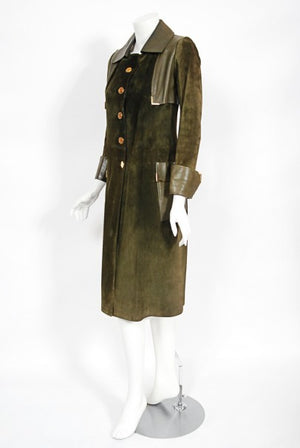 1970's Gucci Olive-Green Leather Suede Logo Enamel Trench Coat Jacket