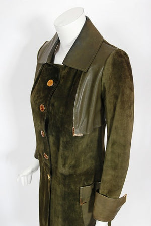 1970's Gucci Olive-Green Leather Suede Logo Enamel Trench Coat Jacket