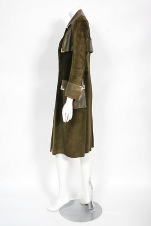 1970's Gucci Olive-Green Leather Suede Logo Enamel Trench Coat Jacket