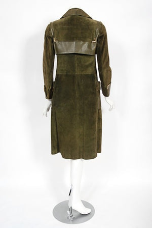 1970's Gucci Olive-Green Leather Suede Logo Enamel Trench Coat Jacket