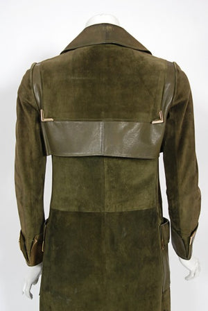 1970's Gucci Olive-Green Leather Suede Logo Enamel Trench Coat Jacket