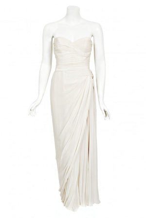 1955 Jean Dessès Haute Couture Ivory Silk Chiffon Strapless Draped Gown