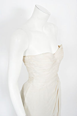 1955 Jean Dessès Haute Couture Ivory Silk Chiffon Strapless Draped Gown