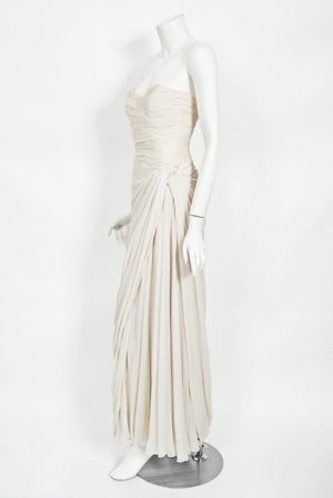 1955 Jean Dessès Haute Couture Ivory Silk Chiffon Strapless Draped Gown