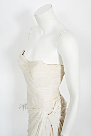 1955 Jean Dessès Haute Couture Ivory Silk Chiffon Strapless Draped Gown