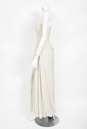 1955 Jean Dessès Haute Couture Ivory Silk Chiffon Strapless Draped Gown