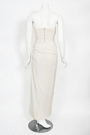1955 Jean Dessès Haute Couture Ivory Silk Chiffon Strapless Draped Gown