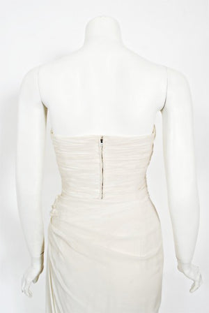 1955 Jean Dessès Haute Couture Ivory Silk Chiffon Strapless Draped Gown