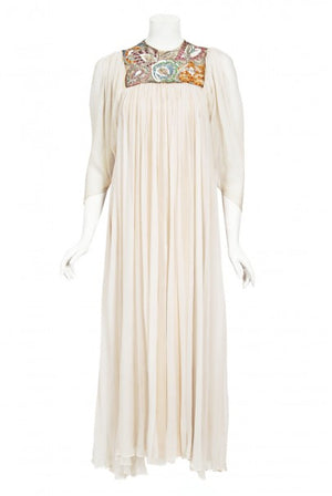 1968 Madame Grès Haute Couture Beaded Embroidered Ivory Silk Gown