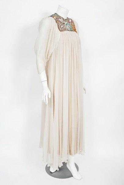 1975 Madame Grès Haute Couture Beaded Embroidered Ivory Silk Gown