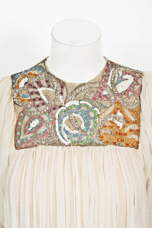 1968 Madame Grès Haute Couture Beaded Embroidered Ivory Silk Gown